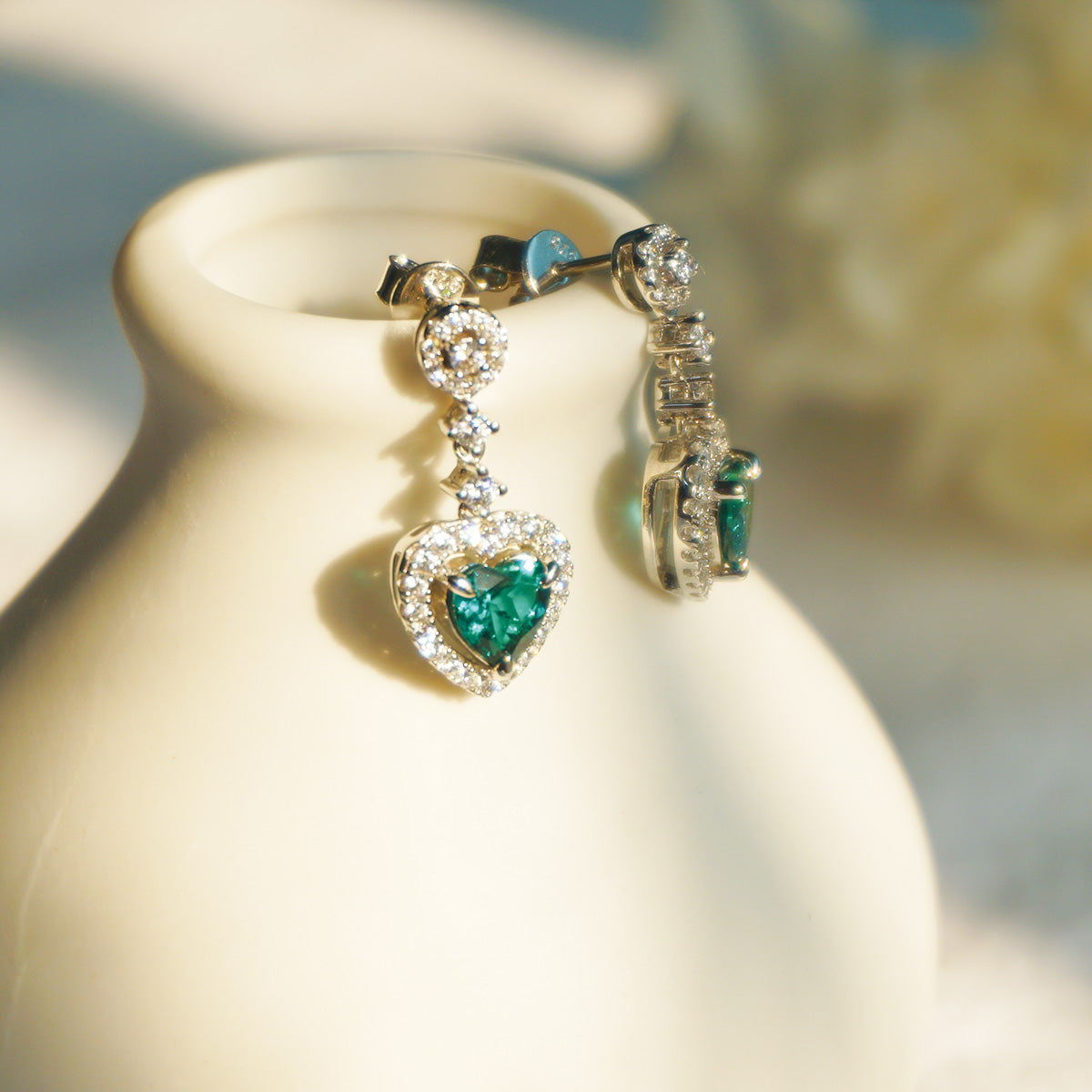 White Gold Halo Heart Emerald Full Stones Drop Earrings