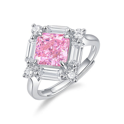 White Gold S925 Silver Square Cut Pink Gem Signet Ring