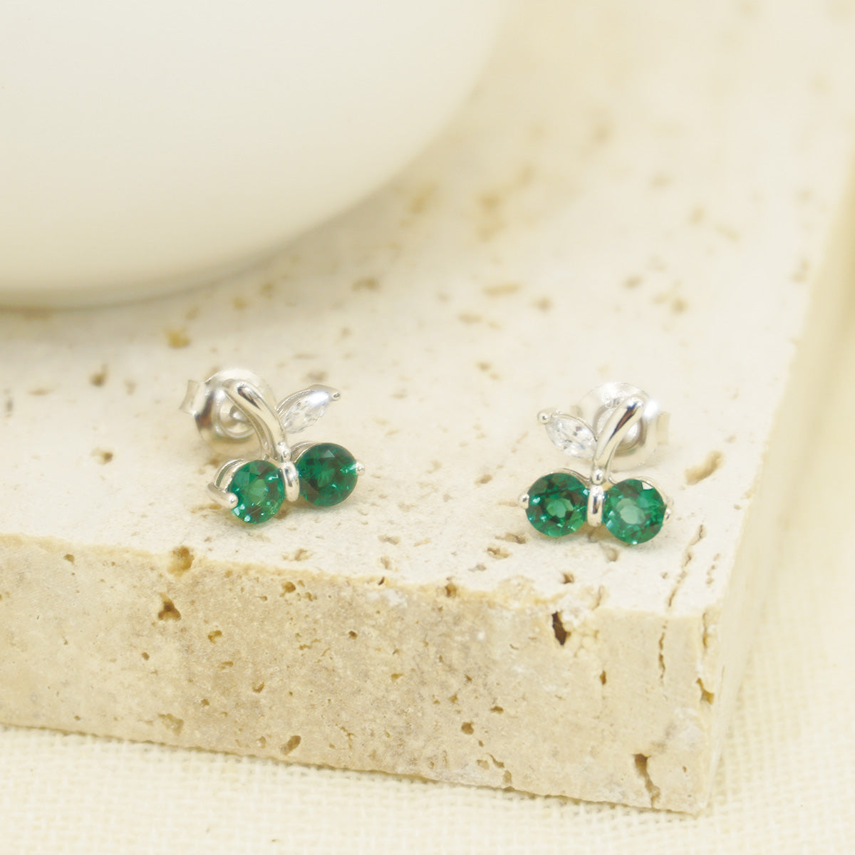 White Gold Cherry Shape Emerald Gem Stud Earrings