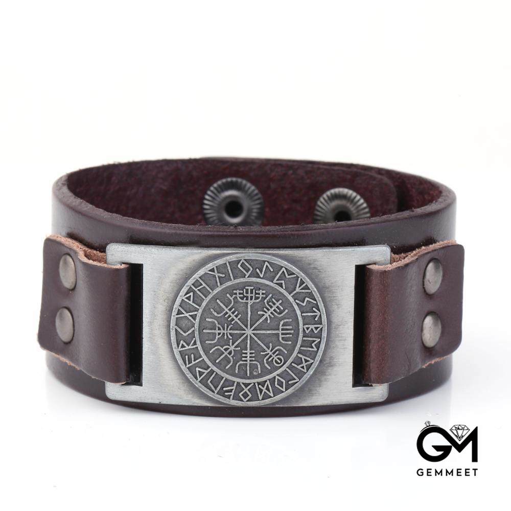 Wide Leather Odin Compass Bracelet