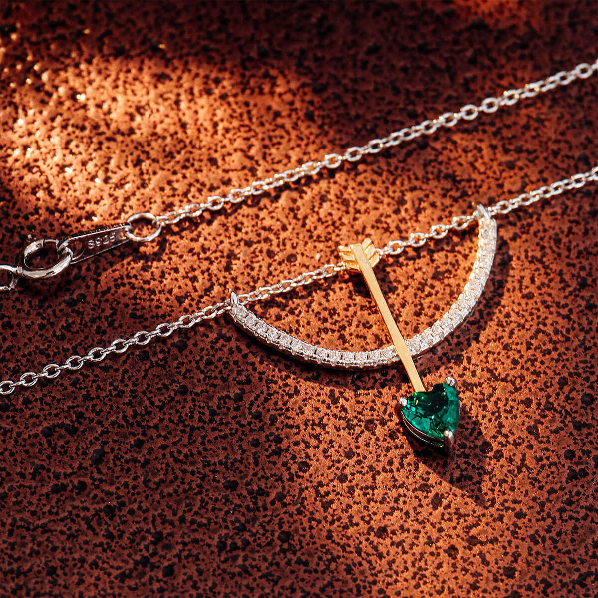 Hollow Cupid's Arrow Heart Cut Emerald Pendant Chain