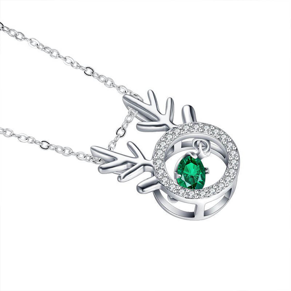 White Gold Elk Shape Hollow Beating Emerald Chain