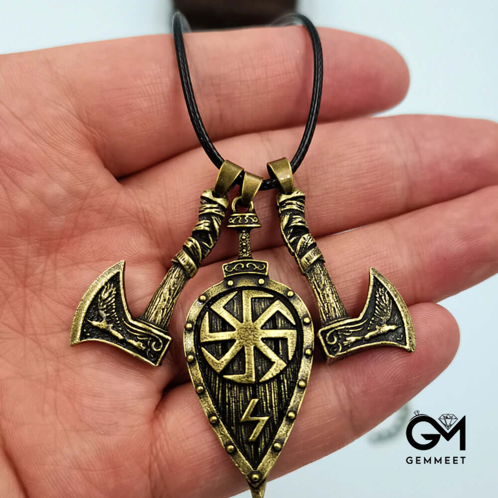 Viking Double Axe Leaf Pendant Men's Necklace