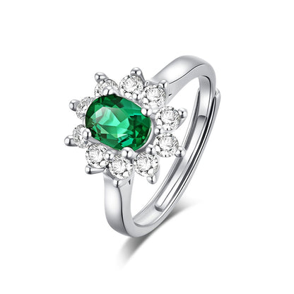 White Gold S925 Silver Sunflower Shape Olive Cut Emerald Ring