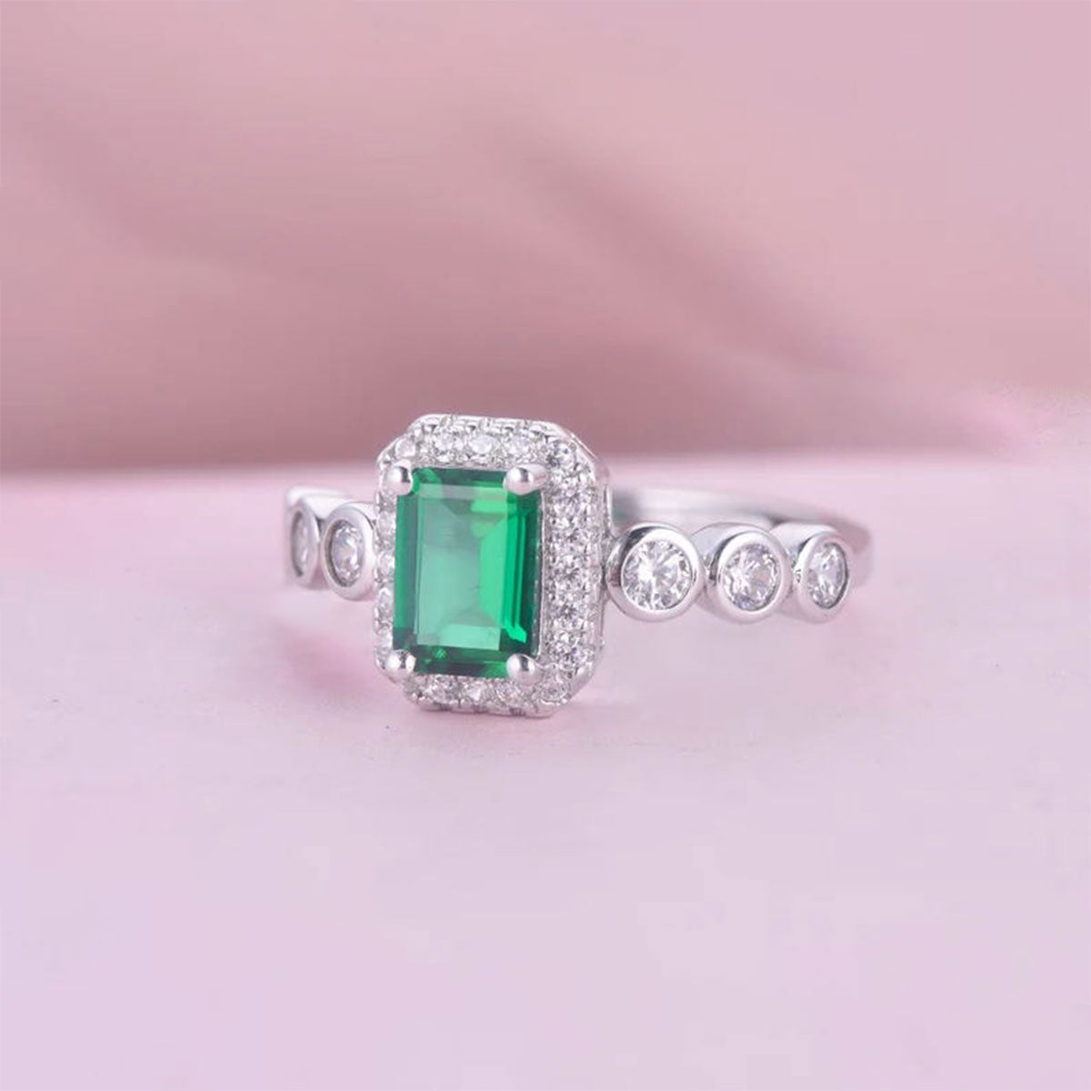 White Gold S925 Silver Rectangle Shape Emerald Signet Ring