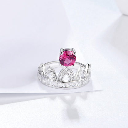 Sterling Silver Round Ruby Gem Crown Ring with Channel Setting Full Stones