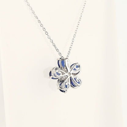 Sterling Silver Five-leaf Clover Shape Pendant with Pear Brilliant Cut Sapphire