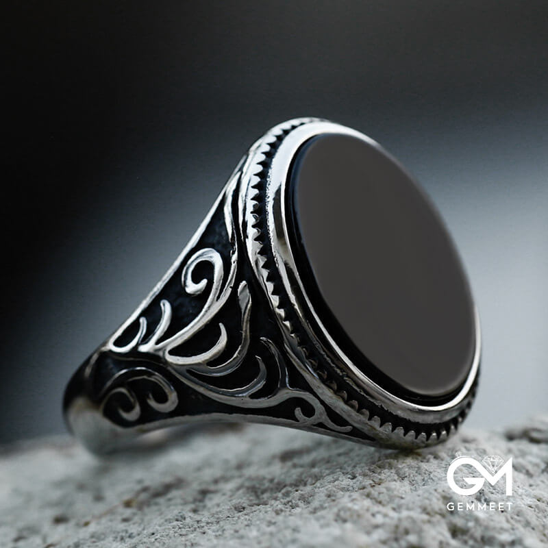 Vintage Viking Stainless Steel Engraved Black Agate Ring