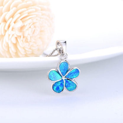 White Gold Flower Shape Blue Opal Pendants Chains