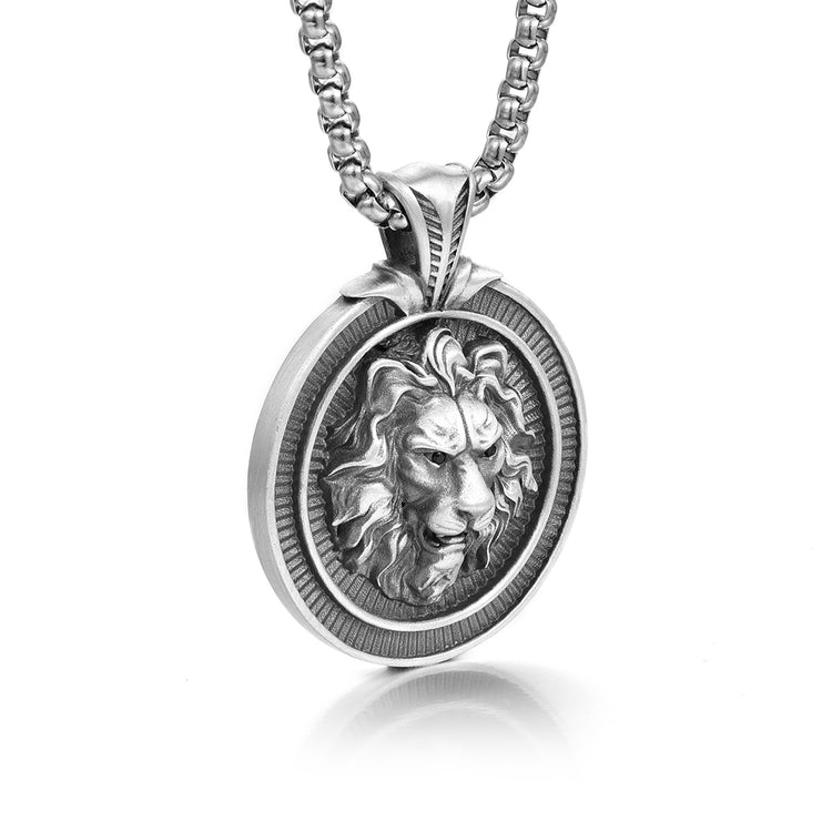 Sterling Silver Hip-Hop Round Male Lion Pendants Necklace