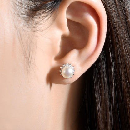 White Gold Full Stones Organic Pearl Flower Shape Stud Earrings