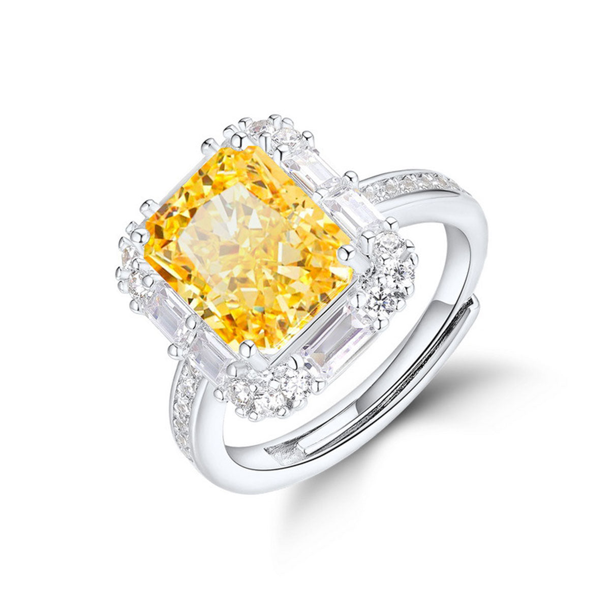 White Gold Rectangle Yellow Gem Adjustable Halo Ring