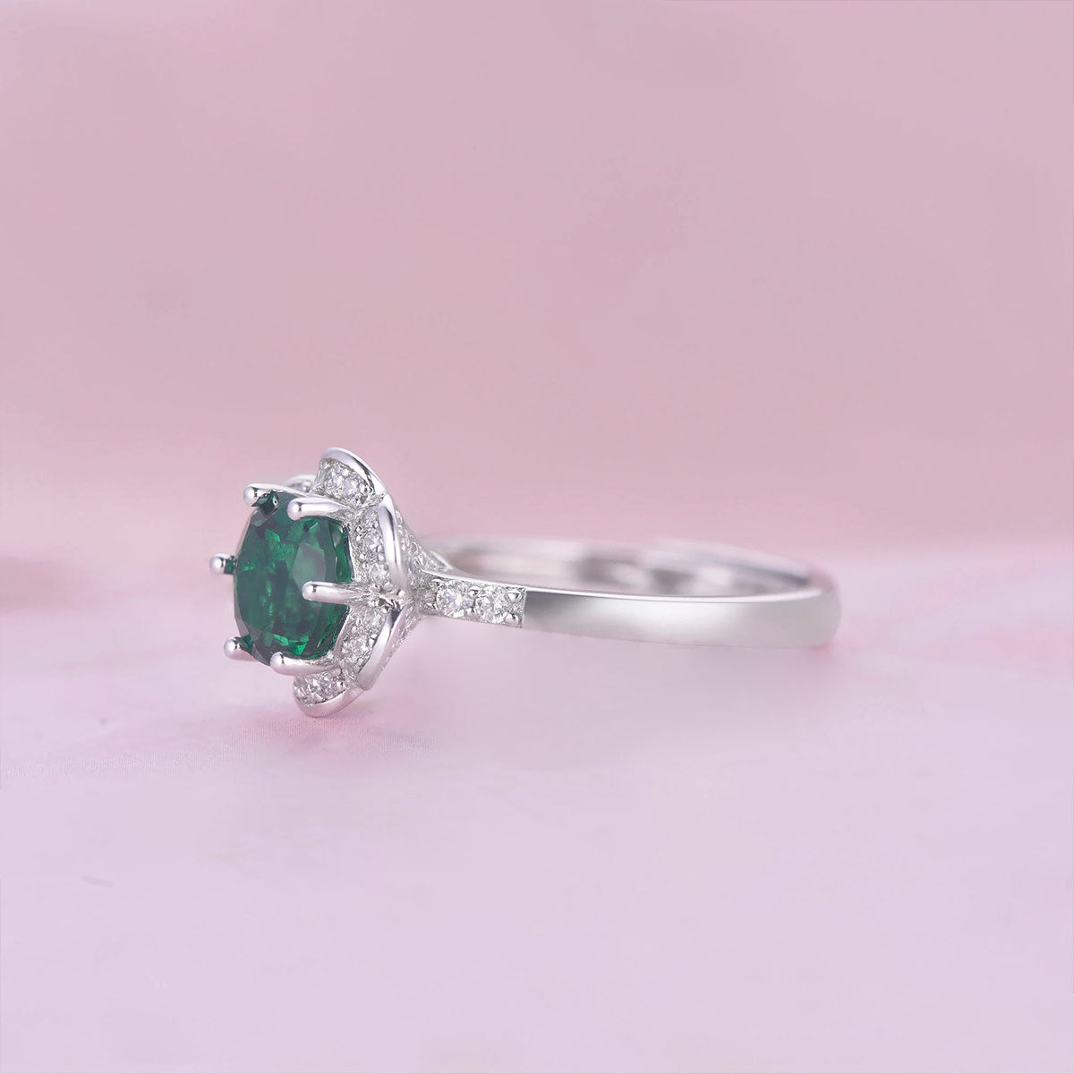 White Gold Flower Shape Emerald Halo Ring