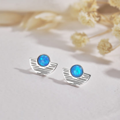 S925 Sterling Silver Blue Opal Half-round Stud Earrings