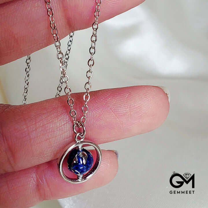 Rotating Blue Globe Enamel Necklace