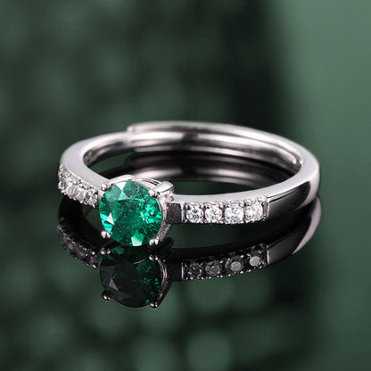 White Gold Round Cut Emerald Adjustable Ring