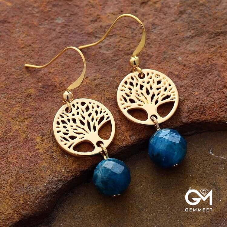 Blue Apatite Tree of Life Titanium Steel Earrings