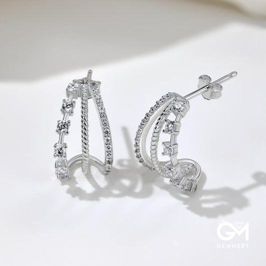 S925 Pure Silver Zircon Hollow Half-round Earrings