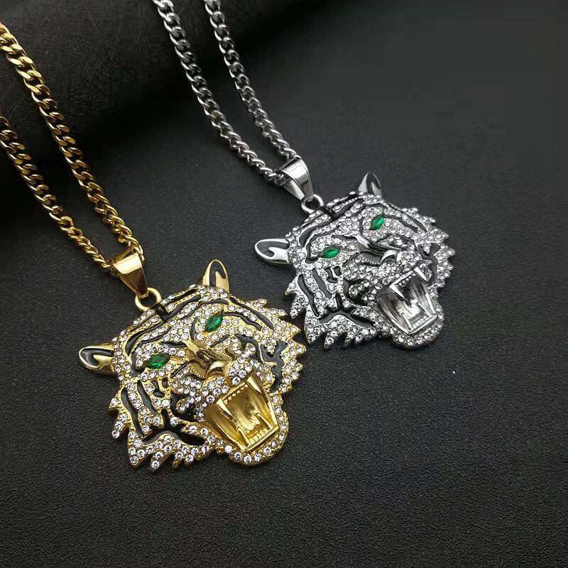 Hip-hop Jewelry Titanium Steel Gold-plated Inlaid Synthetic Cubic Zirconia Tiger Head Pendant