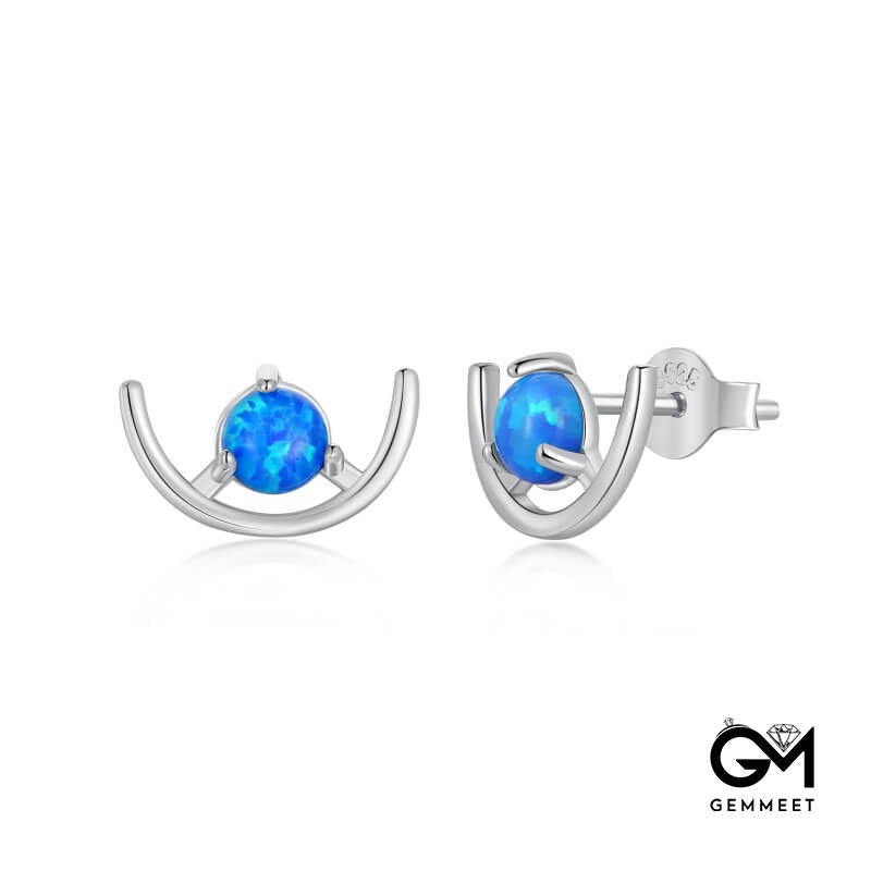 S925 Sterling Silver Round Opal Half-circle Crescent Earrings