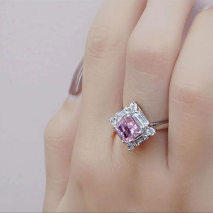 White Gold S925 Silver Square Cut Pink Gem Signet Ring