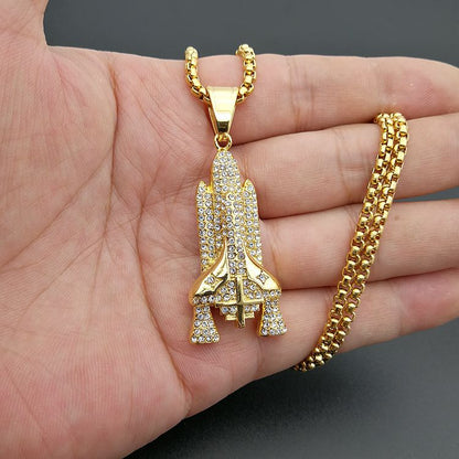 Hip Hop Gold Plated Zirconia Space Rocket Shuttle Pendant