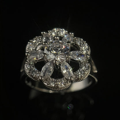 White Gold Hollow Flower Shape Full Stones Ring