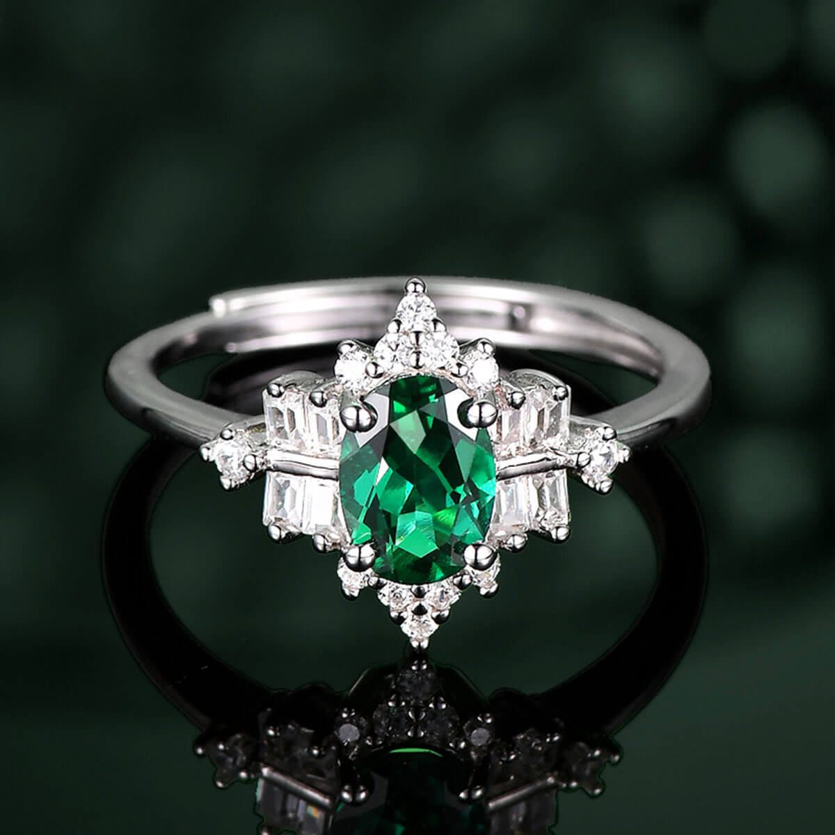 White Gold S925 Silver Olive Cut Emerald Ring