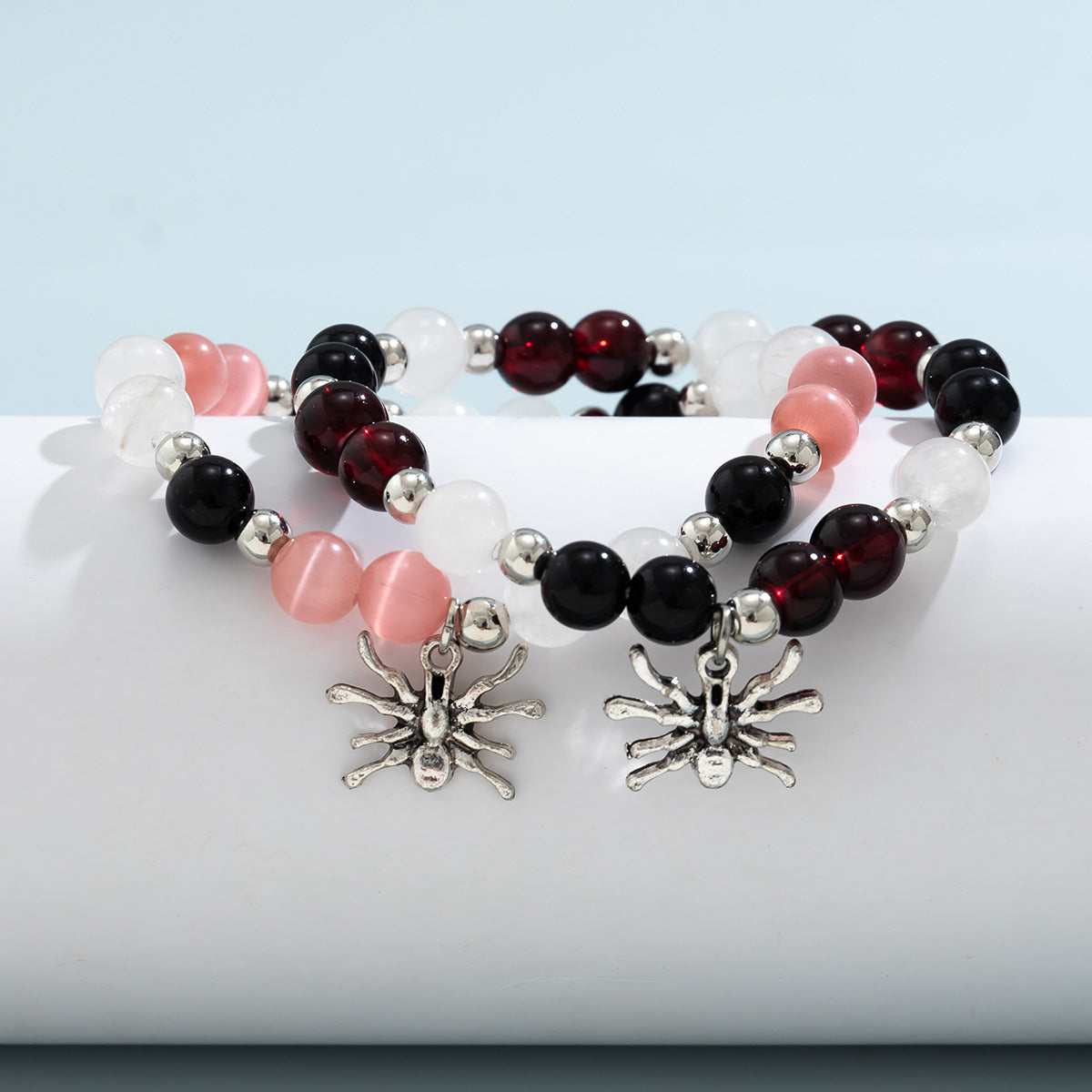 Halloween Blood Color Bead & Spider Pendant 2 Pcs Bracelet