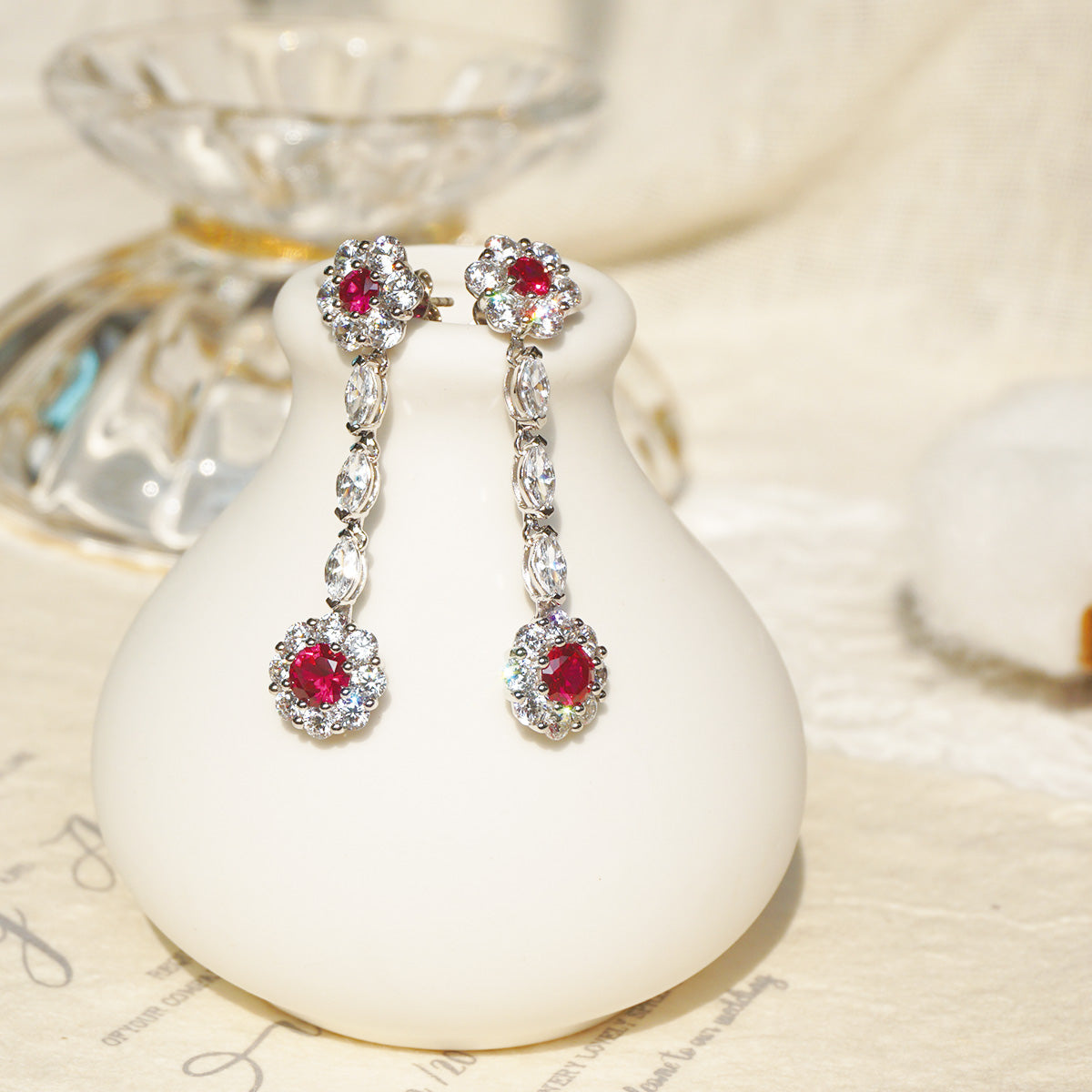 White Gold Ruby Gem Flower Shape Drop Earrings