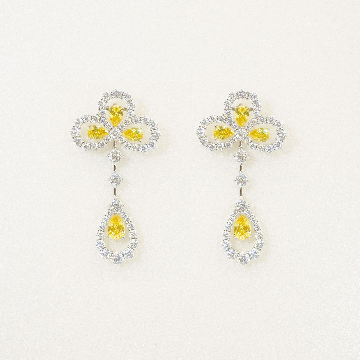 White Gold Iris Shape Yellow Sapphire Hollow Drop Earrings