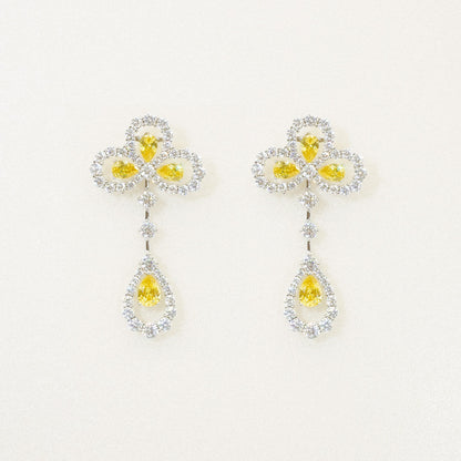 White Gold Iris Shape Yellow Sapphire Hollow Drop Earrings