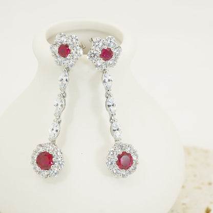 White Gold Ruby Gem Flower Shape Drop Earrings