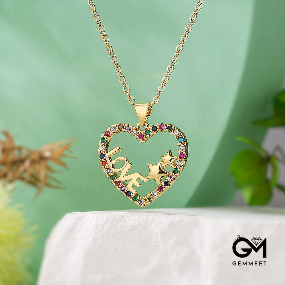 Color Stones Hollow Heart & Star Pendant Necklace