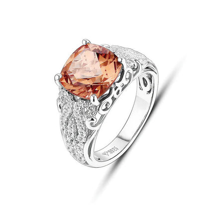 White Gold Square Orange Sapphire Signet Ring with Worldwide Setting Stones