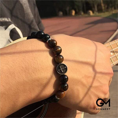 Tiger Eye Beaded Men Cross Bracelet