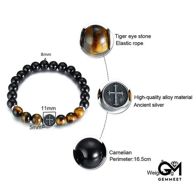 Tiger Eye Beaded Men Cross Bracelet