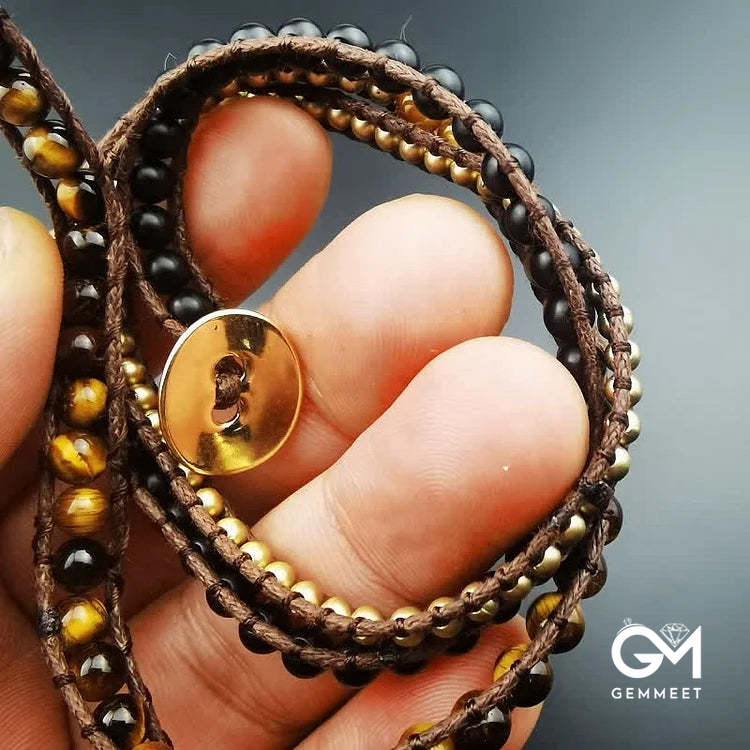 Tiger Eye Matt Black Onyx Beads Wrap Bracelet