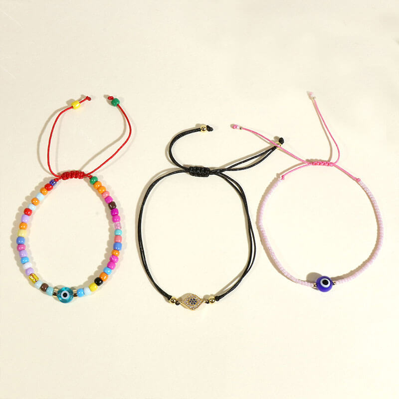 Boho Style Handwoven Multicolor Beaded Bracelet Round Resin Eye and Hand Jewelry