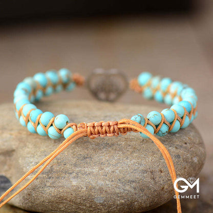 Turquoise And Peach Heart Tree Of Life Palms Hand-Woven Bracelet