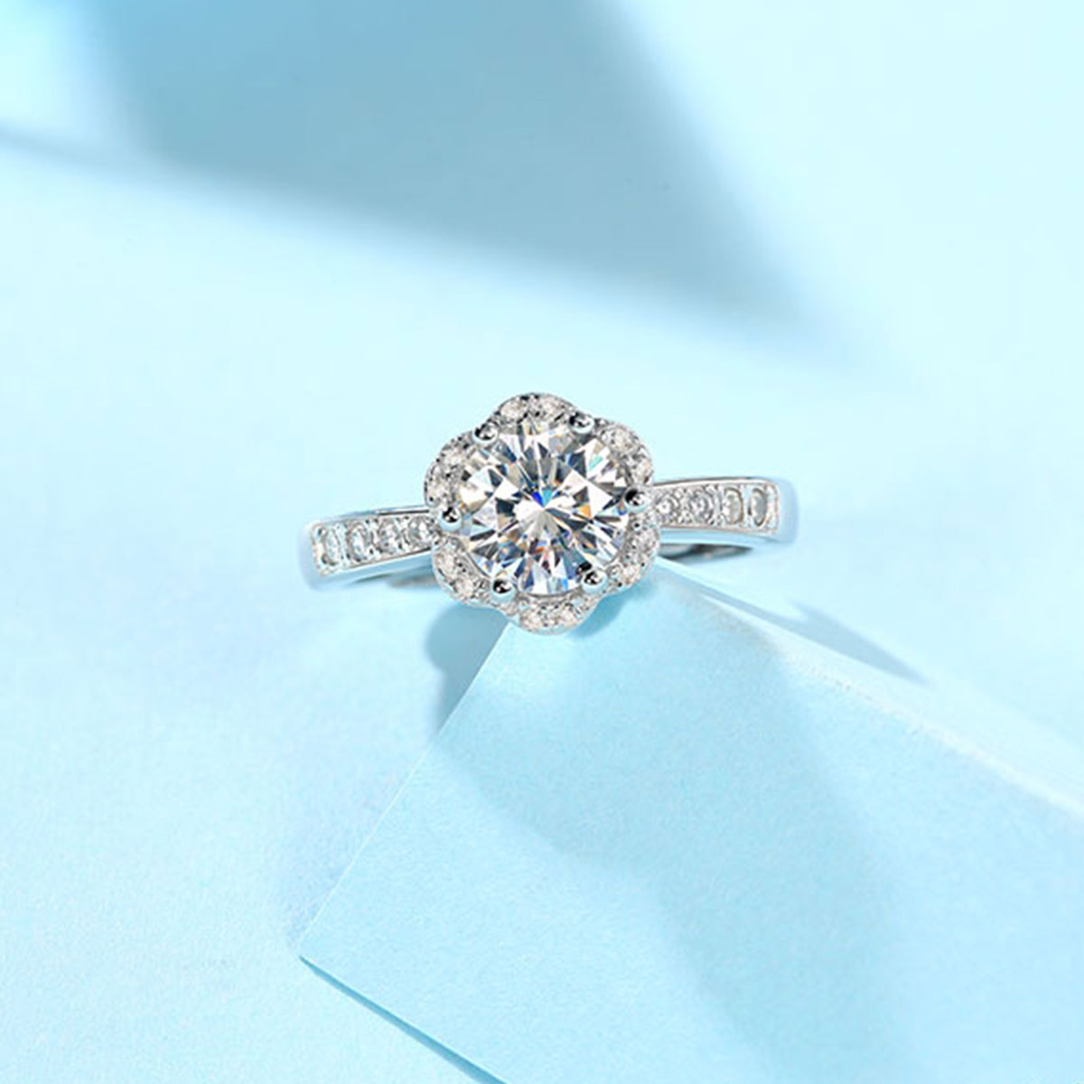 White Gold Flower Shape Adjustable Moissanite Ring