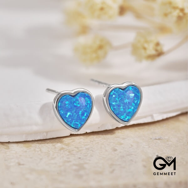 S925 Sterling Silver Blue Heart Opal Stud Earrings