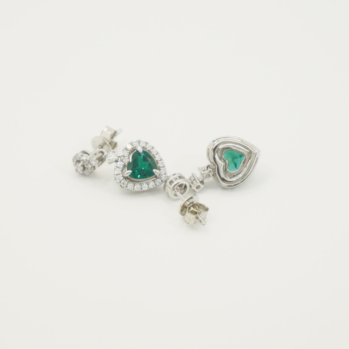 White Gold Halo Heart Emerald Full Stones Drop Earrings