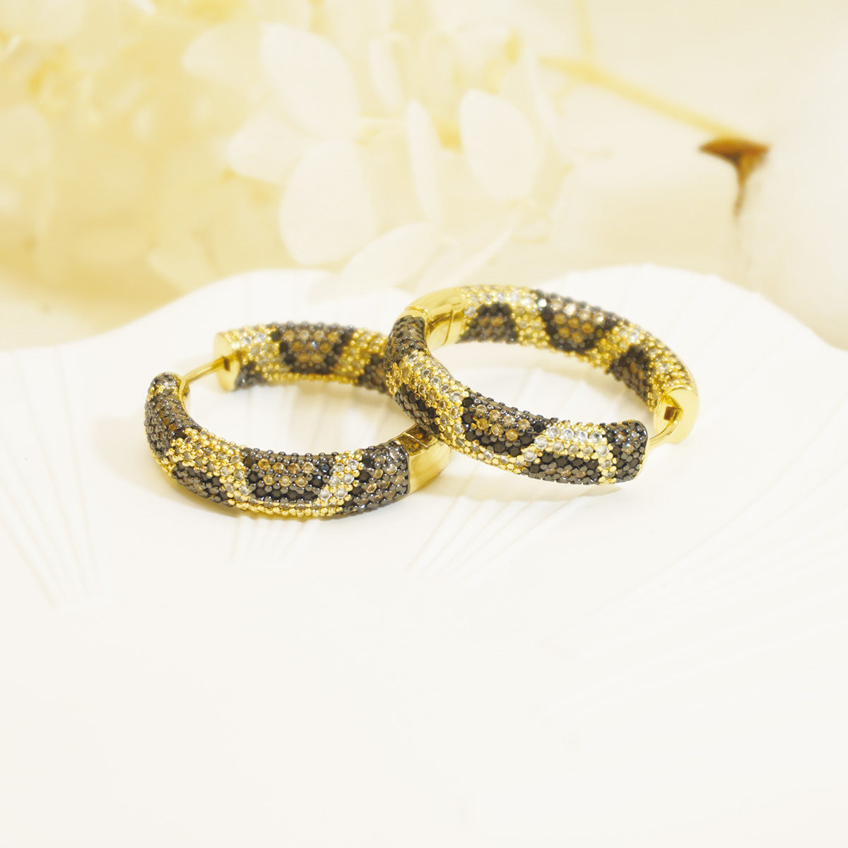 Brown & White Stones Snake Skin Textures Gold Hoop Earrings