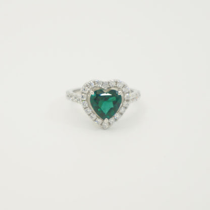 White Gold Heart Emerald Full Stones Signet Ring