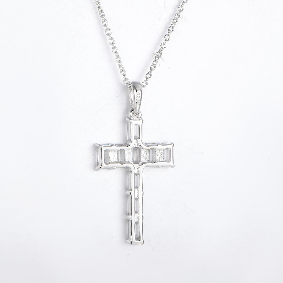 Sterling Silver Emerald Cut Moissanite Tennis Cross Pendant