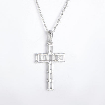 Sterling Silver Emerald Cut Moissanite Tennis Cross Pendant