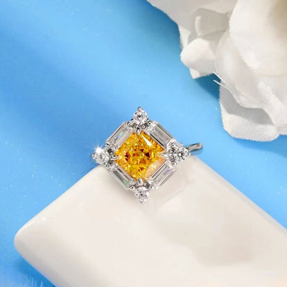 White Gold S925 Silver Square Cut Yellow Gem Signet Ring