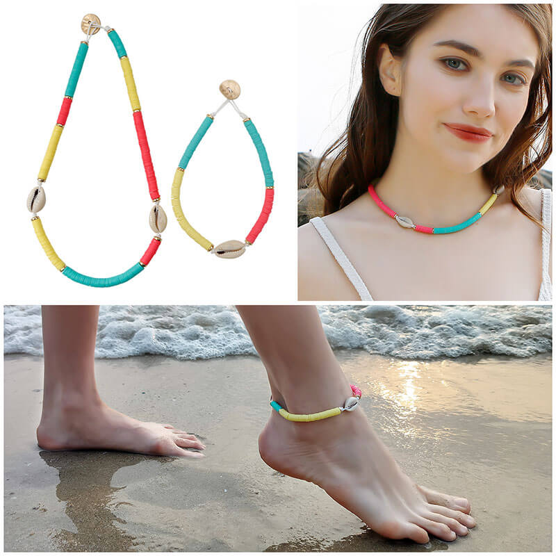 Bohemian Handmade Beaded Necklace Anklet Set Polymer Clay Conch Shell Ocean Wind Collar Foot Ornament Set