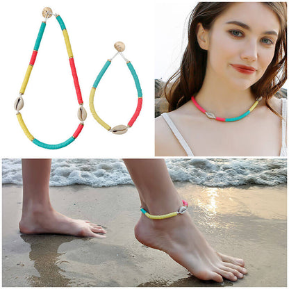 Bohemian Handmade Beaded Necklace Anklet Set Polymer Clay Conch Shell Ocean Wind Collar Foot Ornament Set